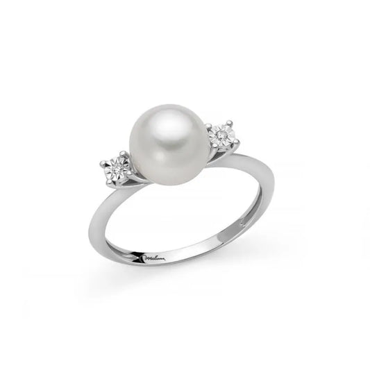 Anello con Perla Oriente e due Diamanti in Oro Bianco Miluna