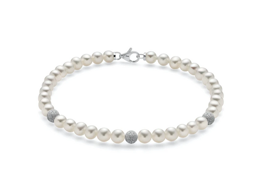 Bracciale di Perle Oriente a Scalare con tre Sfere in Oro Bianco Diamantate Miluna