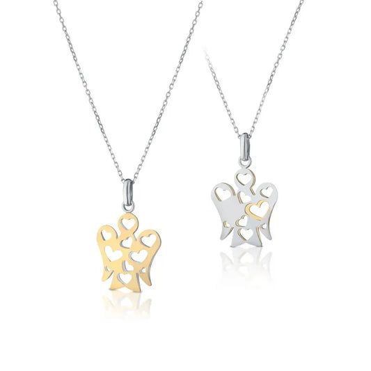 Collana Con Pendente Angelo con Cuori Double Face In Oro Bianco E Giallo Roberto Giannotti