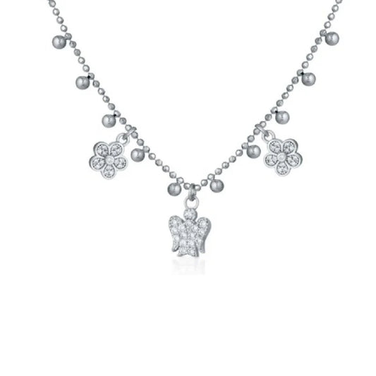 Collana Con Angelo E Fiori Charms In Argento E Zirconi Roberto Giannotti