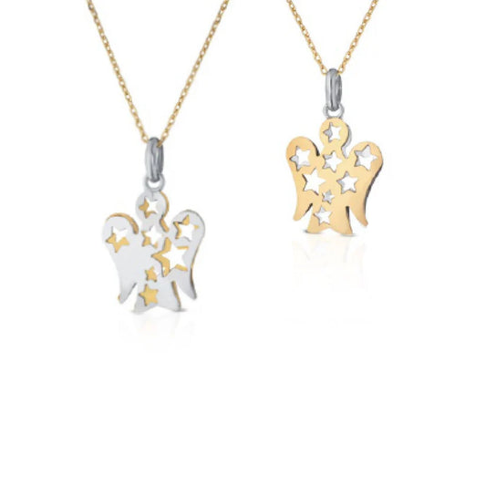 Collana Con Pendente Angelo con Stelle Double Face In Oro Bianco E Giallo Roberto Giannotti
