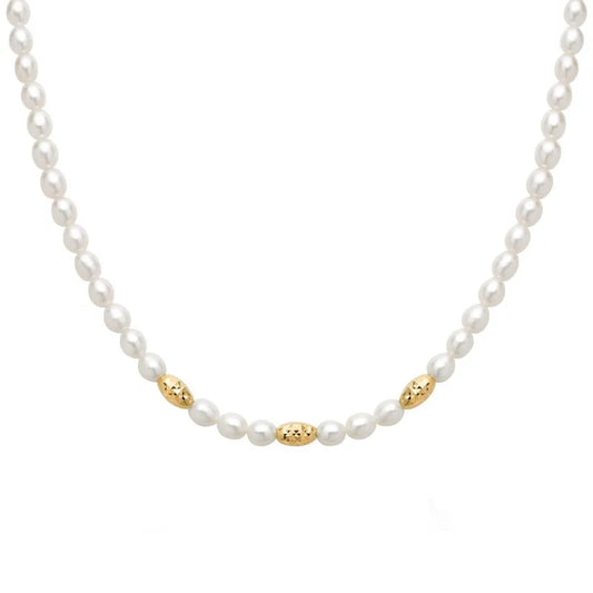 Collana Pepite di Perle 5-5,5 con tre Elementi in Argento Dorato Diamantato Miluna