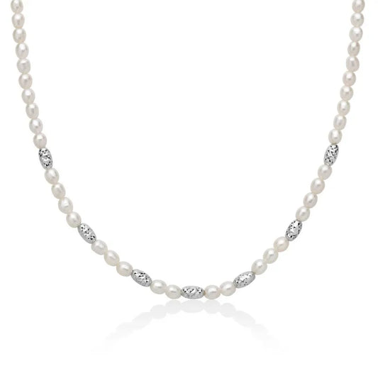 Collana Pepite di Perle Alternata da Elementi Diamantati in Argento Miluna
