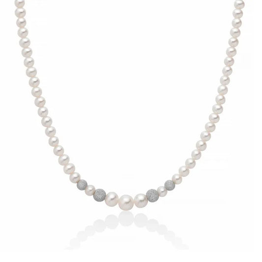 Collana di Perle Oriente a Scalare con Sfere in Oro Bianco Diamantate Miluna